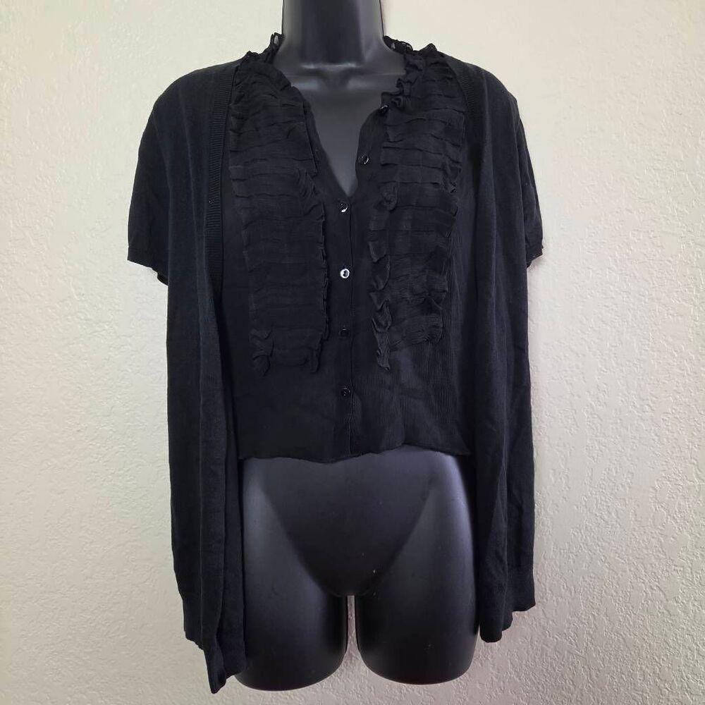 Vintage Tapemeasure Silk Ruffle Blouse Layered Cardigan Combo Top
